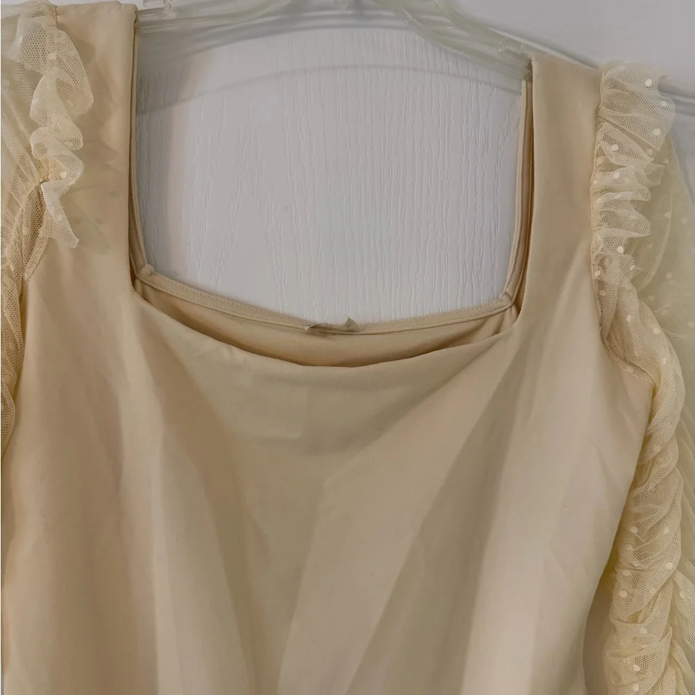 Free People Must Be Love Bodysuit Mesh Ruched Sleeve Square Neck in Ivory L